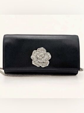 Michael Kors Bellamie Black Leather Crystal Flower Evening Clutch Bag